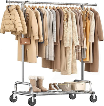 Raybee Heavy Duty Clothes Rack, 75''W Clothing Rack with 4 Hooks & Sturdy Wheels, 450 LBS Capacity, Rolling Garment Rack Holds 150 Clothes, for Bedroom/Laundry/Commercial Use, Silver