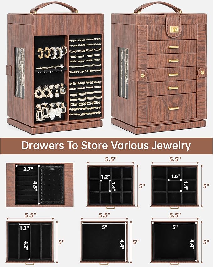 AKOZLIN 360° Rotating Jewelry Box 6-Tier Organizer Functional Jewelry Storage Case for Women Girls Ring Necklace Earring Bracelet Holder with Mirror Red Brown