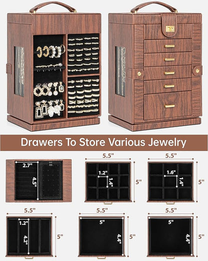 AKOZLIN 360° Rotating Jewelry Box 6-Tier Organizer Functional Jewelry Storage Case for Women Girls Ring Necklace Earring Bracelet Holder with Mirror Red Brown