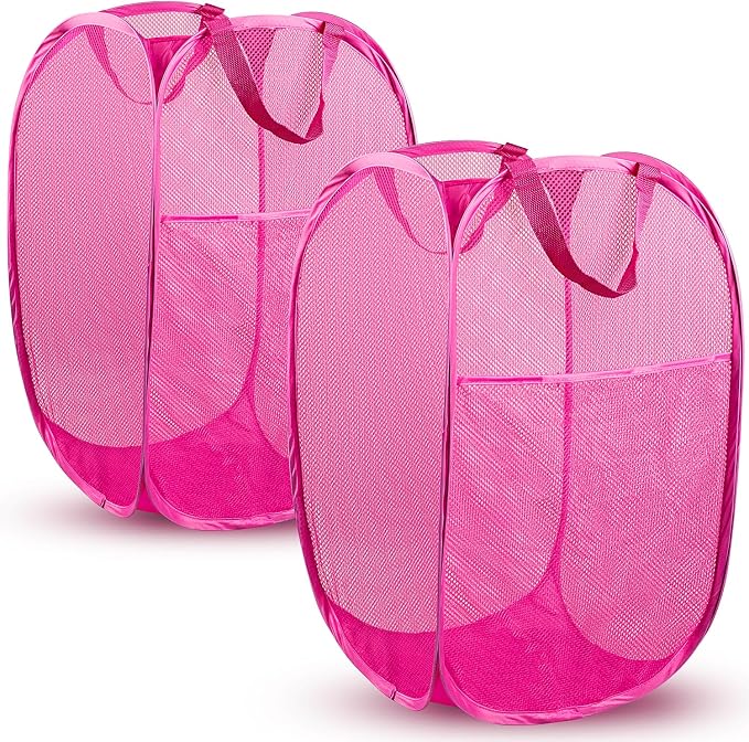 DUCOO Pop Up Laundry Hamper, 70L Collapsible Mesh Laundry Basket with Side Pocket, Foldable Dirty Clothes Hamper with Sturdy Reinforced Handles for Home Dorm Bedroom Travel Storage, Pink, 2Pack