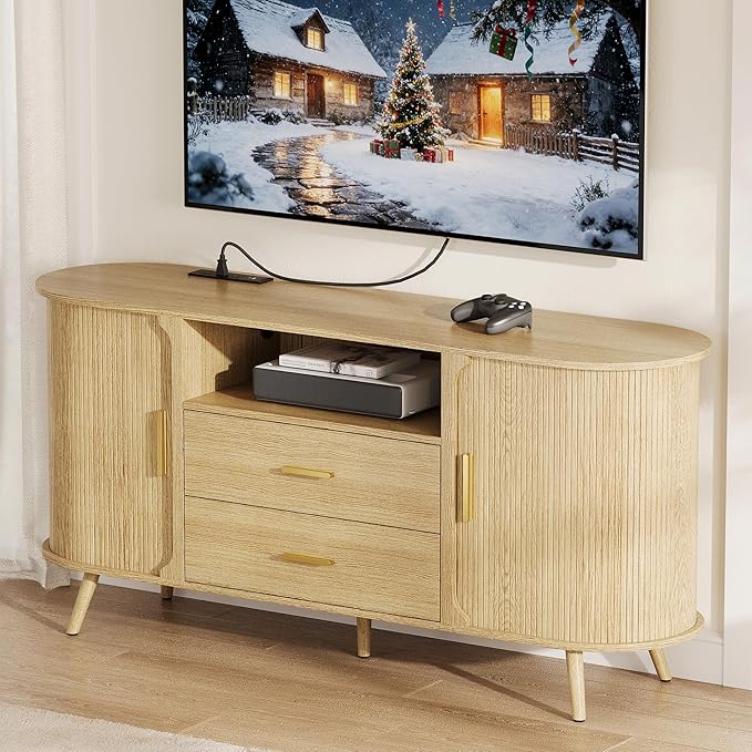 60" Sideboard Buffet Cabinet with Storage, Sliding Door & Adjustable Shelf, Modern Credenza with 2 Drawer, Accent Sideboard Coffee Bar Console Table for Kitchen, Entryway and Living Room
