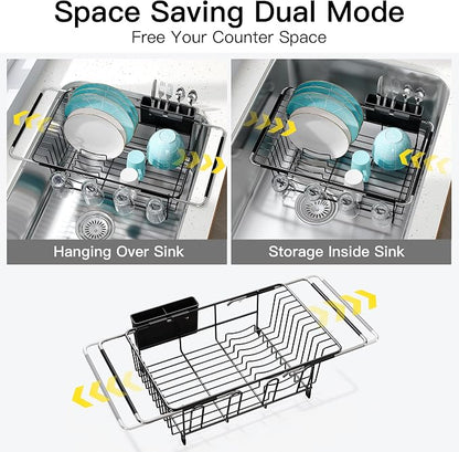 JASIWAY Black Dish Drying Rack in Sink, Expandable Stainless Steel Dish Drainers for Kitchen Counter, Dish Dryer Rack for Inside Sink, Over The Sink Dish Racks with Utensil Holder