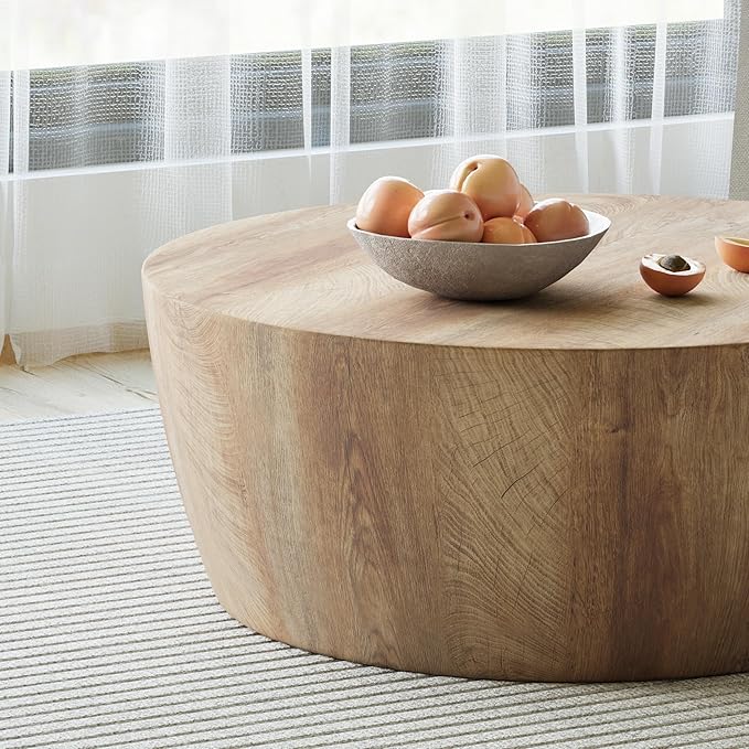 29.5" Round Coffee Table, Convertible Rustic Coffee Table Table with Wooden Veneer, Drum Coffee Table for Living Room, MDF, Already Assembled