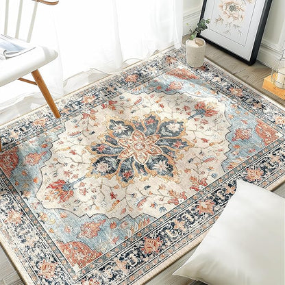 RELEANY Area Rugs 3'x5' Washable Non-Slip, Floral Vintage Distress Medallion Carpet for Living Room Bedroom Dining Room, Beige Navy Blue Orange Colorful
