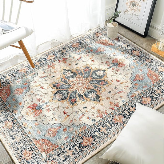 RELEANY Area Rugs 3'x5' Washable Non-Slip, Floral Vintage Distress Medallion Carpet for Living Room Bedroom Dining Room, Beige Navy Blue Orange Colorful