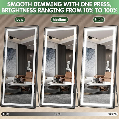 FENNIO Full Length Mirror with Lights, 80" x 36" LED Full Body Mirror, Wall Mounted Hanging Mirror with Lights for Bedroom, Salon, Dimmable & 3 Color Lighting, Tempered Glass