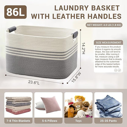SunNewt 86L Extra Large Laundry Basket with Leather Handles for Living Room Storage, Woven Rope Baskets for Blanket, Kids Toy, Gifts, Wicker Hamper for Bedroom Dirty Clothes, 24"x16"x14" White Grey