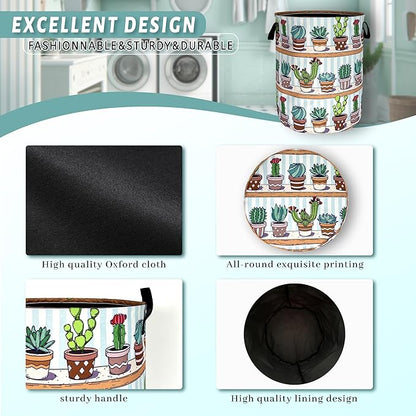 Cute Cactus Laundry Basket Tropical Cactus Flower Hamper Foldable Oxford Cloth Green Plants Colorful Tote Bag Clothes Toy Storage Bucket For Bathroom/Laundry Storage/Bedroom 18.9 x 16.5 Inch