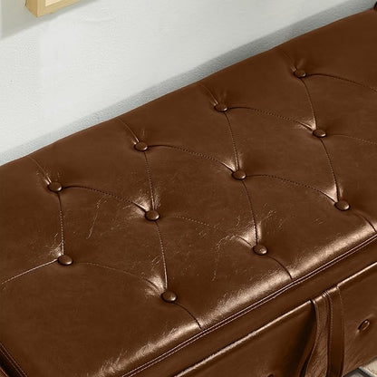 Furniliving Storage Bench, 48‘’ Upholstered PU Leather Ottoman Bench with Button-Tufted, Folding Bedroom Bench with Wood Legs, Entryway Bench for Bedroom, Brown