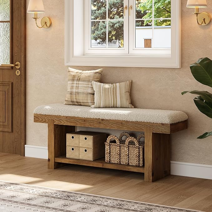 47.2" Solid Wood Bench, 2-Tier Farmhouse Upholstered Entryway Bench with Storage Shelf, Narrow Rustic Bench for Bedroom, Entryway, Mudroomn