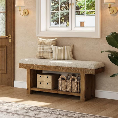 47.2" Solid Wood Bench, 2-Tier Farmhouse Upholstered Entryway Bench with Storage Shelf, Narrow Rustic Bench for Bedroom, Entryway, Mudroomn