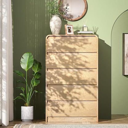 Tall Dresser with 5 Drawers, 45" Modern Wood Chest of Drawers & Closet Organizer, Skinny Cabinet with Curved Design for Bedroom, Living Room, Hallway (Natural, 5 Drawer)