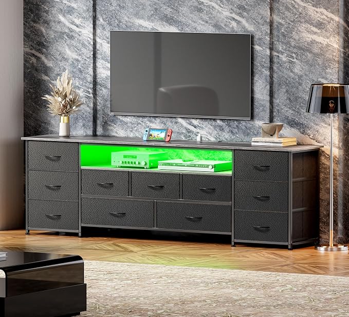 Huuger 70 Inch TV Stand for 75, 80 Inch TV, 11 Drawer Long Dresser with Power Outlets and LED Lights, Entertainment Center with Storage, Grey Dresser with PU Leather Surface