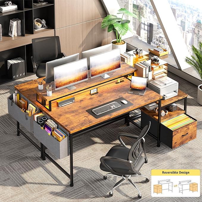 Computer Desk with Monitor Stand,Office Desk with LED Lights &Power Outlets,Gaming Desk with Drawers & Printer Shelf,Writing Table with Side Storage Bag,57" W x 20" D x 36" H,Rustic Brown