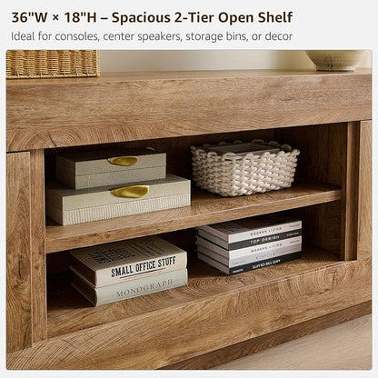 OKD Modern 70" TV Stand, Entertainment Center for TVs Up to 80", Media Console with Large Open Storage & Side Cabinets, Thick Wood Design for Living Room, Light Knotty Oak