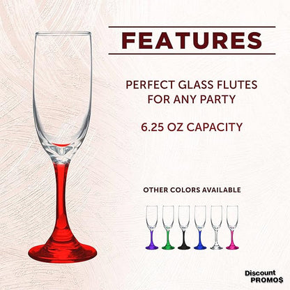 DISCOUNT PROMOS Premiere Champagne Flutes 6.25 oz. Set of 10, Bulk Pack - Elegant Drinkware for Weddings, Events, & Promotional Gifts - Red