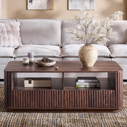 ACCOHOHO 51" Fluted Coffee Table with Storage, Large Modern Center Table with 2 Drawers, Rectangle Wood Coffee Table for Living Room, Dark Walnut