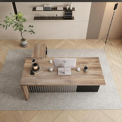 SAINTCY 63 Inch L Shaped Executive Desk with Drawers, Modern Computer Writing Desk with File Cabinet, Business Furniture W/Stand Under Storage Organizer with Wheels,1.97IN Thick Desktop