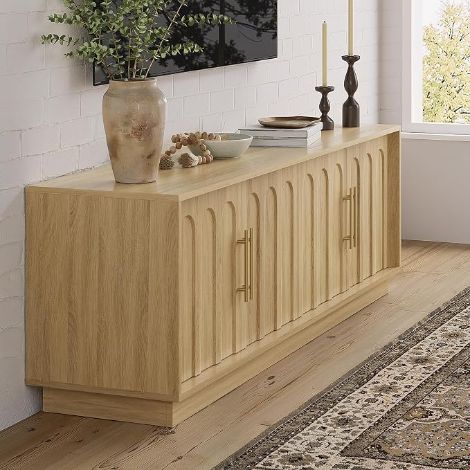 FORTUNETEC TV Stand for 75 Inch TV, Mid Century Modern TV Stand with Arched Design, Wood Grain Finish, Boho Media Console with Adjustable Shelves, 67" Entertainment Center for Living Room Bedroom, Oak