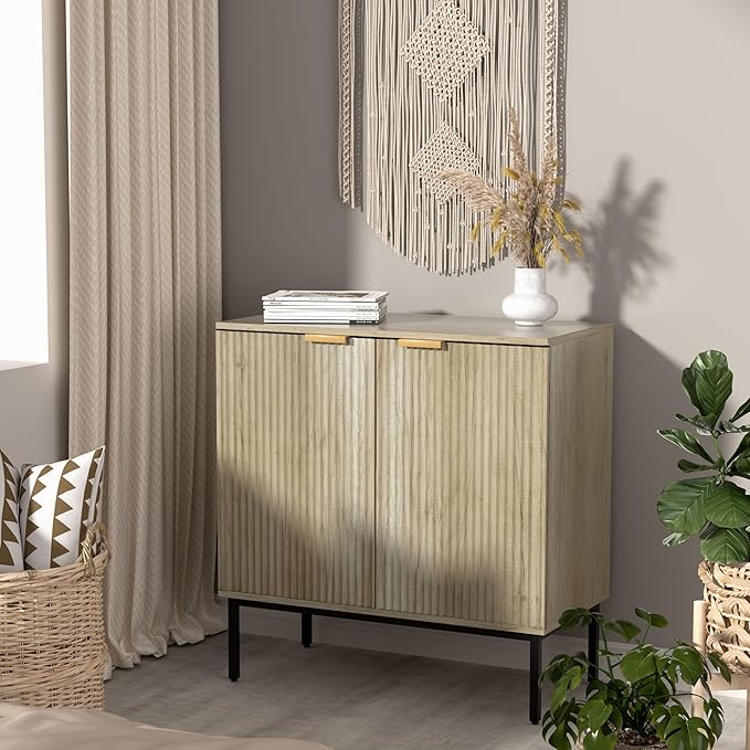 Fluted Sideboard, Buffet Cabinet with Storage, Wooden with Doors and Shelves, Accent Cabinet for Living Dining Room, Entryway