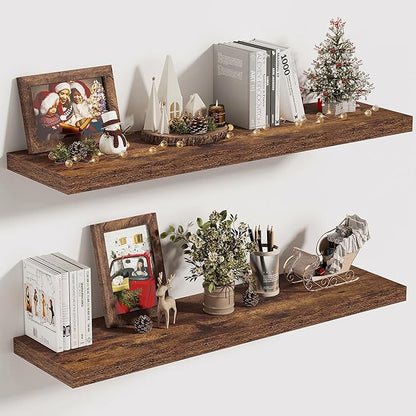 Vivelove 10 Inch Deep Floating Shelves 30 inch Long, 30 x 10 Wide Wall Shelves with Invisible Brackets, for Bedroom Bathroom Living Room Kitchen Office, Farmhouse Home Decor, Set of 2, Rustic Brown