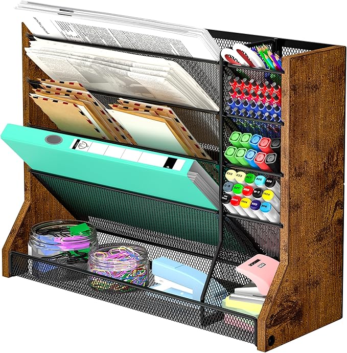 Jakyitvi Wall Desk File Organizer 5 Tiers, Ironwood Hanging File Organizer with R-shaped Tray, Wall File Holder for Office Home, 4 Pull-Out Divider and Pen Slots to Sort File,Mail,Newspaper,Pen, Brown