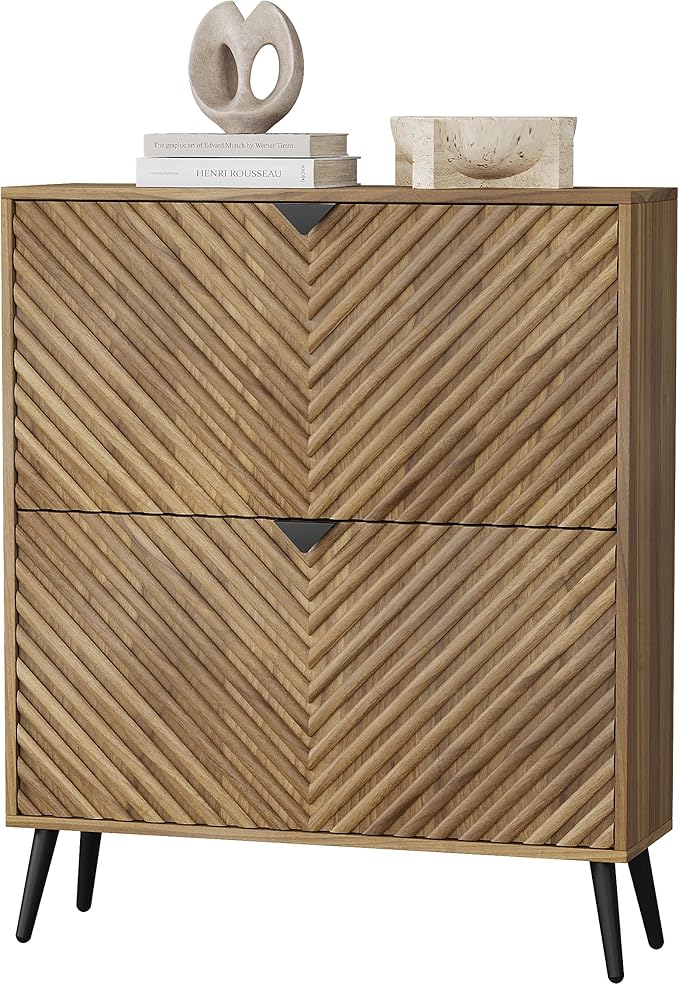 Smuxee Walnut Shoe Cabinet with 2 Flip Drawers, 31.5" Hidden Shoe Storage Cabinet with Fluted Diamond Doors, Freestanding Shoe Organizer Cabinet for Entryway, Hallway, Living Room
