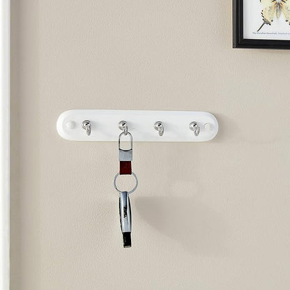 Spectrum Modern Key Holder Wall Mount Rack for Entryway Garage Mudroom Hanging Organization, Easy Install Contemporary Key Ring Holder Rack for Keychains Rings and Fobs, White Wood with Chrome Hooks