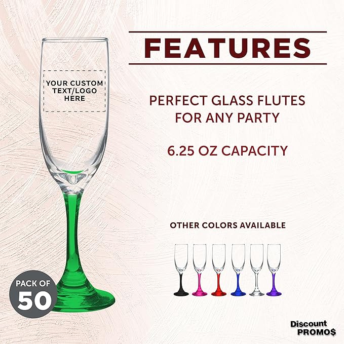 DISCOUNT PROMOS Custom Premiere Champagne Flutes 6.25 oz. Set of 50, Personalized Bulk Pack - Elegant Drinkware for Weddings, Events, & Promotional Gifts - Green