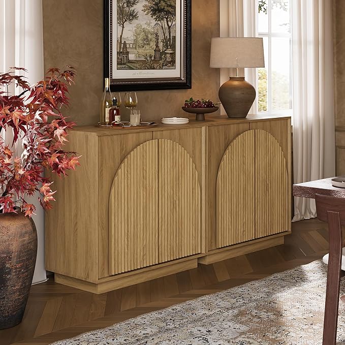 win2win Fluted Sideboard Buffet Cabinet with Storage, 31.5" Modern Boho Accent Cabinet with Double-Layered Arch Doors, Small Wood Console Credenza for Living Room, Dining Room, Entryway, Oak, 2PCS