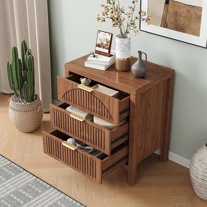 3 Drawer Dresser, Farmhouse Fluted Chest of Drawers, Wooden End Table, Mid- Century Modern Bedroom Nightstand Side Table for Bedrooms, Closets, Hallways, and Entryways, Walnut