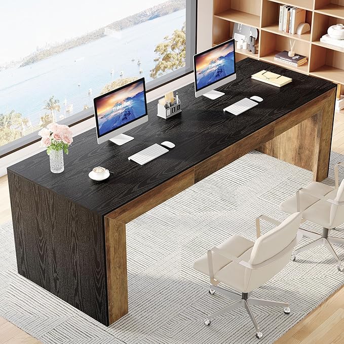 Tribesigns 78.7-Inch Long Computer Desk for 2 People, Farmhouse Executive Desk with Wooden Desktop and Legs, Large Workstations Writing Table Gaming Table for Home Office, Heavy Duty, Black + Brown