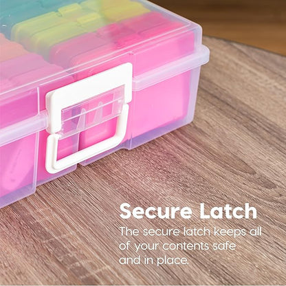 IRIS USA 4" x 6" Photo Storage Box Craft Keeper, Transparent Handle Container with 16 Organization Holder Cases for Pictures, Tasks, Scrapbooking, Ephemera, Stationery Storage, Multi-Color/Clear