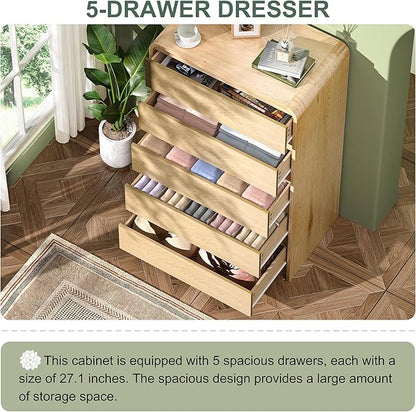 Tall Dresser with 5 Drawers, 45" Modern Wood Chest of Drawers & Closet Organizer, Skinny Cabinet with Curved Design for Bedroom, Living Room, Hallway (Natural, 5 Drawer)