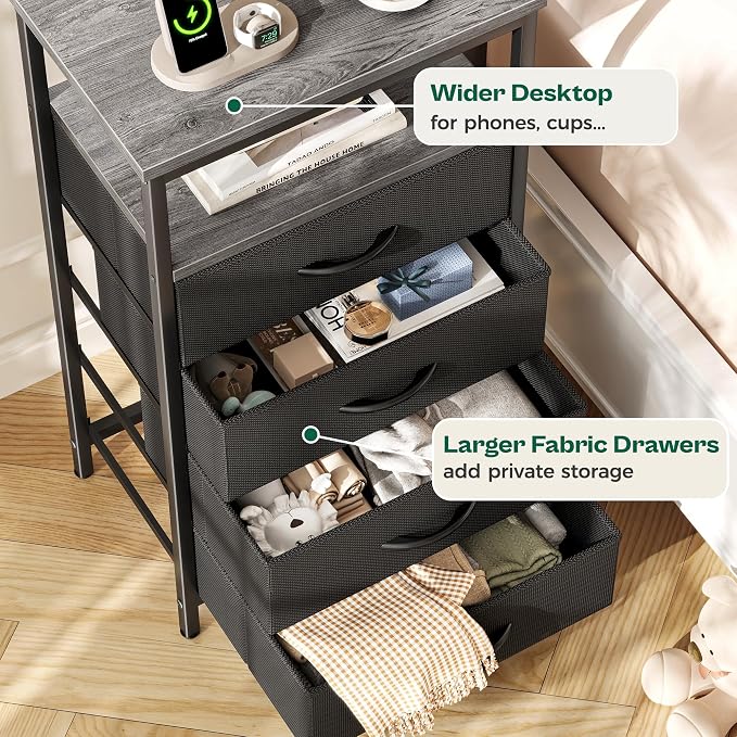 Huuger Night Stand with Charger Station and LED Lights, 4 Drawer Nightstand, Bed Side Table with Open Shelf, End Table, Fabric Dresser for Bedroom, Grey