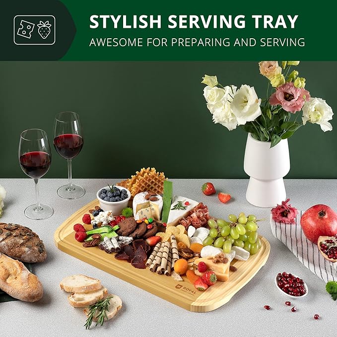 ROYAL CRAFT WOOD Wooden Cutting Boards for Kitchen Meal Prep & Serving - Bamboo Wood Serving Board Set with Deep Juice Groove Side Handles - Charcuterie & Chopping Butcher Block for Meat