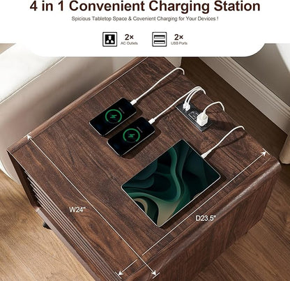RedLemon 24" Nightstand with Charger Station, Mid Century Modern Fluted End Table with 2 Drawers, Wooden Side Table with Open Cubby Storage for Living Room, Bedroom, Office (Dark Walnut)