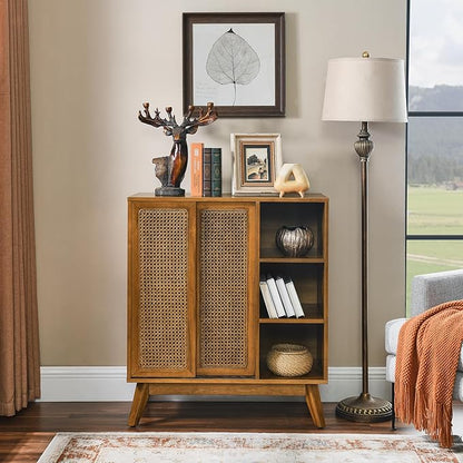 LKTART Mid Century Modern Storage Cabinet with Rattan Sliding Doors and Open Shelves, Boho Style Wooden Sideboard Buffet for Living Room,Light Walnut