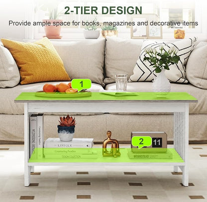 YOSHOOT 39.4" Farmhouse Coffee Table, Small Coffee Tables for Living Room | Grey, 2 Tier Coffee Table with Storage, Tea Table for Living Room Bedroom Small Space