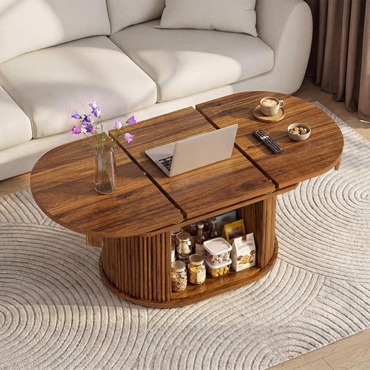 YESHOMY 45.2" Extendable Coffee Table with Storage, Fluted Oval Coffee Table with Sliding Door, Mid Century Modern Center Table for Living Room, Walnut
