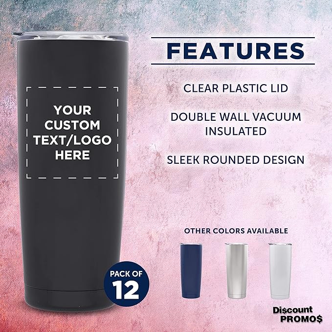 Custom Pipette Stainless Steel Coffee Tumblers 20 oz. Set of 12, Personalized Bulk Pack - Double Wall, Perfect for Coffee, Hot Cocoa, Other Hot & Cold Beverages - Black