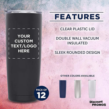 Custom Pipette Stainless Steel Coffee Tumblers 20 oz. Set of 12, Personalized Bulk Pack - Double Wall, Perfect for Coffee, Hot Cocoa, Other Hot & Cold Beverages - Black