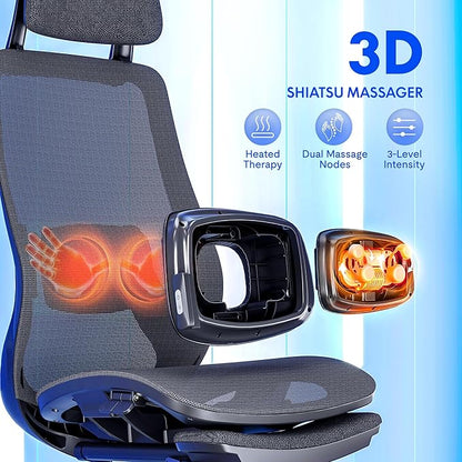 FLEXISPOT MasterEase Massage Office Chair with Footrest, High Back Ergonomic Desk Chair with Adjustable Headrest, 3D Armrests, 2D Lumbar Heated Massage, 4-Position Recline, Mesh Seat, Black