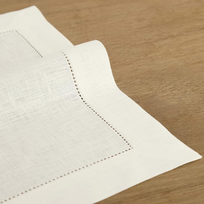 Solino Home Ivory Linen Napkins Set of 4-100% Pure Linen Hemstitch Dinner Napkins 20 x 20 Inch for Spring, Easter - Classic Hemstitch