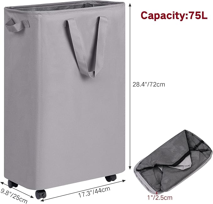 efluky Slim Laundry Hamper with Wheels, Rolling Laundry Basket for Clothes, Small Laundry Basket for Bedroom, Dorm and Laundry Room, 75L (19.8 Gallons) Grey