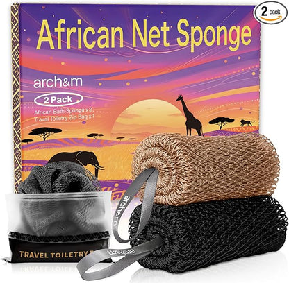 ARCH&M Authentic African Net Sponge with Knots 53", 2 Pack | Back Scrubber, Quick-Dry, Exfoliating Shower Loofah, Soft Mesh All Skin Types Daily Use, Travel-Friendly, For Women and Men