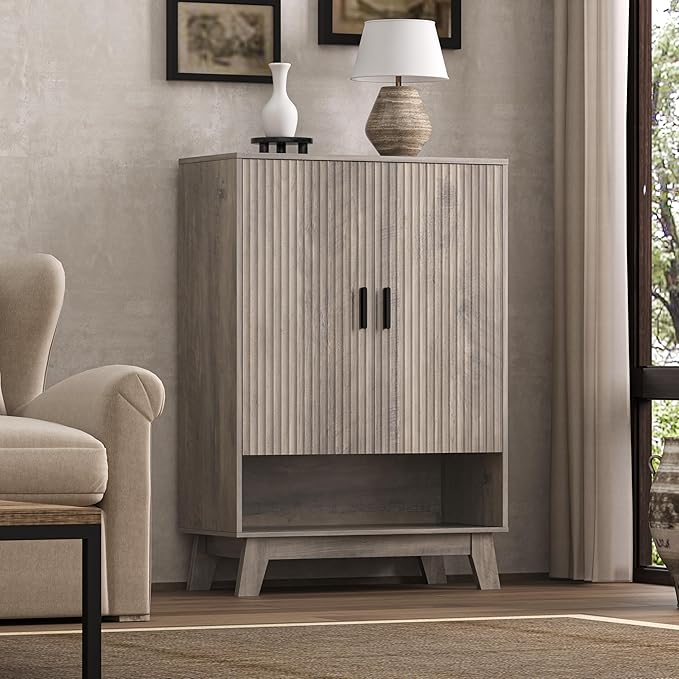 4-Tier Fluted Shoe Cabinet with 2 Doors & Open Shelf, Mid Century Modern Shoe Storage Organizer with Adjustable Shelves, Metal Handles & Wood Legs, Hidden Shoe Rack for Entryway, Hallway