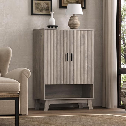 4-Tier Fluted Shoe Cabinet with 2 Doors & Open Shelf, Mid Century Modern Shoe Storage Organizer with Adjustable Shelves, Metal Handles & Wood Legs, Hidden Shoe Rack for Entryway, Hallway