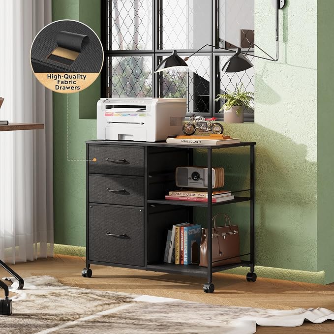 DEVAISE 3 Drawer Mobile File Cabinet, Rolling Printer Stand with Open Storage Shelf, Fabric Lateral Filing Cabinet fits A4 or Letter Size for Home Office, Black