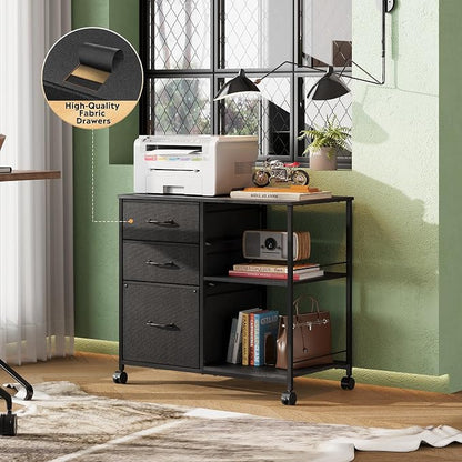 DEVAISE 3 Drawer Mobile File Cabinet, Rolling Printer Stand with Open Storage Shelf, Fabric Lateral Filing Cabinet fits A4 or Letter Size for Home Office, Black